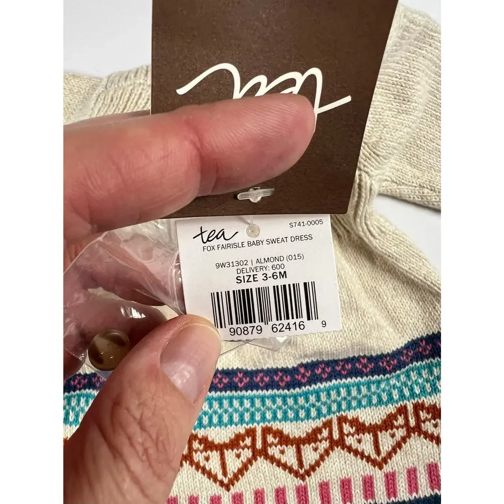 NEW Tea Collection Fox Fair Isle Sweater Dress Almond 3-6 Months